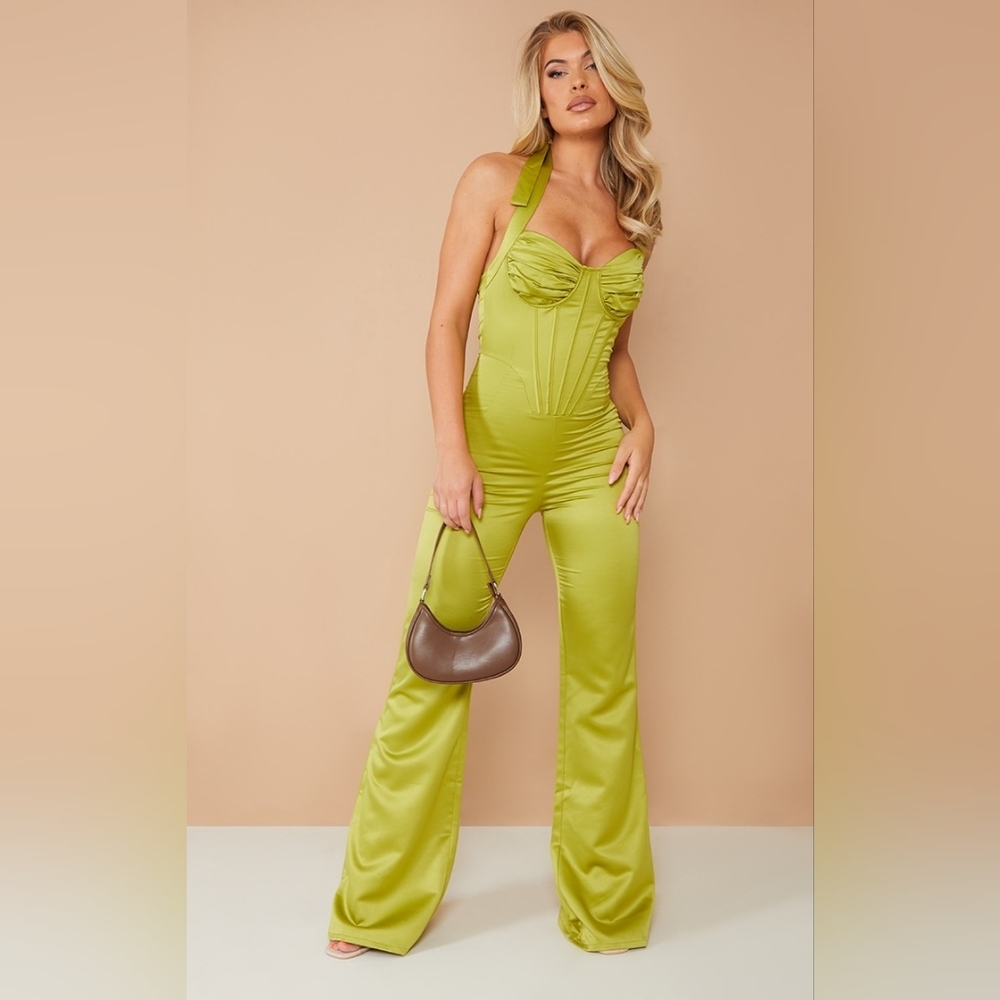 PrettyLittleThing Green Corset Jumpsuit with Wide-Leg Pants